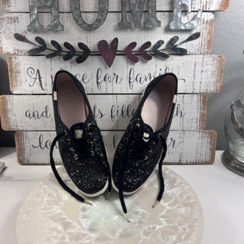 Kate Spade Keds Black Glitter lace up with gold tip & gold spade on back of heel